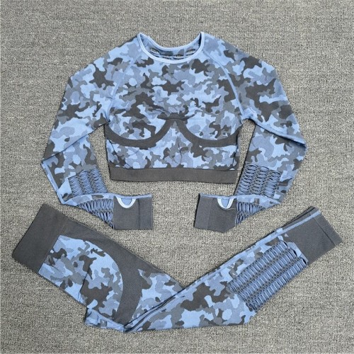 2pcs Set Of Female Camouflage Yoga Suit Gym Clothing Workout Long Sleeve Fitness Crop Top High